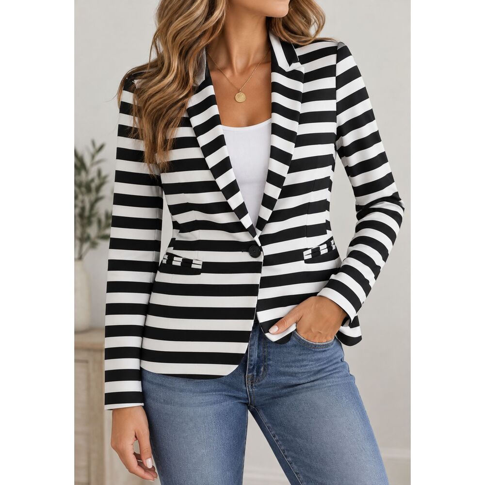 Black and White Striped Single-Button Blazer